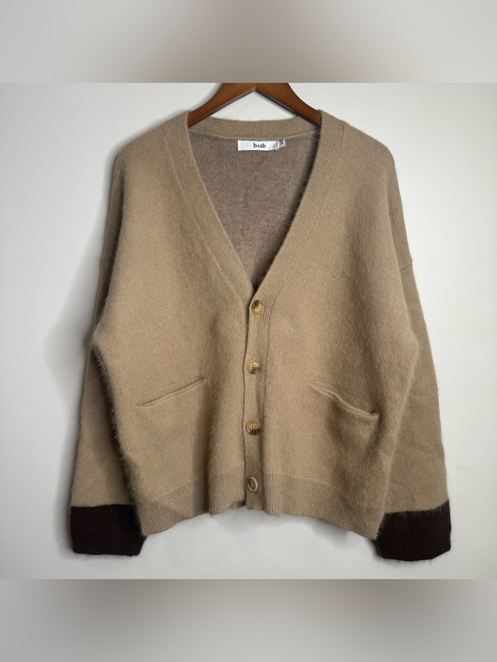b+ab Neutral Tan Angora Wool Blend Oversized Cardigan Sweater Small